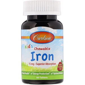 Carlson Labs, Детские жевательные таблетки с железо, натуральный клубничный ароматизатор, 15 мг, 60 таблеток
