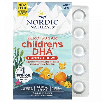 Nordic Naturals, омега3 Children's DHA, жевательные таблетки с ДГК, со вкусом тропических фруктов, 600 мг, 30 жевательных таблеток