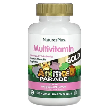 NaturesPlus, Source of Life Animal Parade Gold, жевательная мультивитамины добавка с микроэлементами для детей, со вкусом арбуза, 120 таблеток в форме животных 