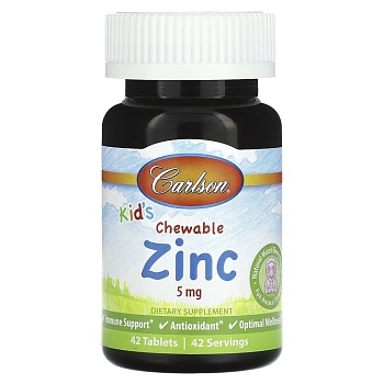 Carlson, Kids Chewable Zinc, натуральная ягодная смесь, 5 мг, 42 таблетки