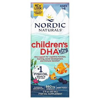 Nordic Naturals, Children's DHA Xtra, омега3 для детей возрастом 1–6 лет, вкус ягодного пунша, 880 мг, 60 мл (2 жидк. унции) 