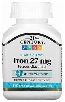 21st Century, высокоэффективное железо, 27 мг, 110 таблеток, которые легко глотать 