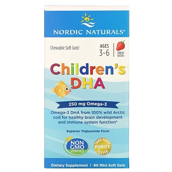 Nordic Naturals, омега3 ДГК для детей, клубника, для детей 3–6 лет, 62.5 мг, 90 желатиновых мини-капсул