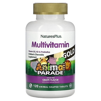 NaturesPlus, Source of Life, Animal Parade Gold, жевательная добавка для детей  мультивитамины , со вкусом винограда, 120 таблеток в форме животных