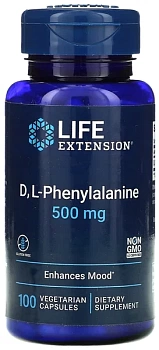 Life Extension, D, L-фенилаланин, 500 мг, 100 вегетарианских капсул 
