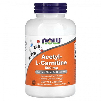  NOW Foods, ацетил L карнитин, 500 мг, 200 вегетарианских капсул 