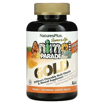 NaturesPlus, Animal Parade Gold, мультивитамины для детей, апельсин, без сахара, 120 таблеток в форме животных 