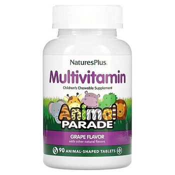 NaturesPlus, Animal Parade, жевательные мультивитамины для детей, со вкусом винограда, 90 таблеток в форме животных