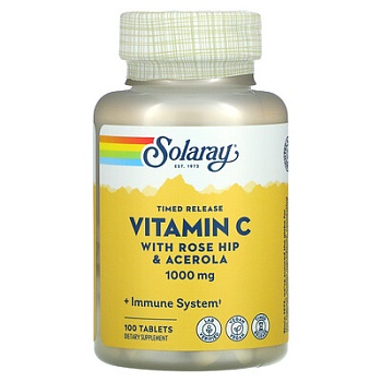 Solaray, витамин C с медленным высвобождением, шиповник и ацерола, 1000 мг, 100 таблеток 