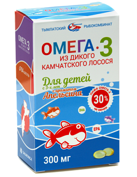 БАД Омега3 из дикого камчатского лосося для детей аромат Апельсина в блистерной упаковке 300 мг.84шт