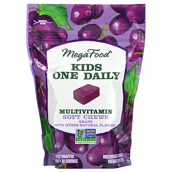 MegaFood, One Daily, для детей, жевательная мультивитамины добавка, со вкусом винограда, 30 жевательных пастилок в индивидуальной упаковке
