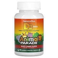 NaturesPlus, Source of Life, Animal Parade, витамин Д3, черная вишня, 500 МЕ, 90 таблеток в форме животных