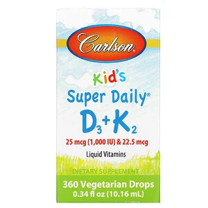 Carlson Labs, Super Daily витамин Д3 +K2 для детей, 25 мкг (1000 МЕ) и 22,5 мкг, 10,16 мл (0,34 жидк. унции)