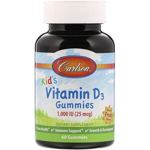 Carlson Labs, Детские жевательные таблетки с витамин Д3, натуральные фруктовые ароматизаторы, 25 мкг (1000 МЕ), 60 шт.