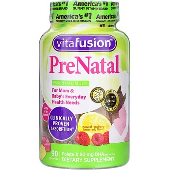 VitaFusion, PreNatal,мультивитамины пренатальная добавка с фолатом и ДГК, с натуральным вкусом малины и лимона, 90 жевательных таблеток