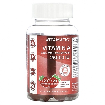 Vitamatic, витамин A (ретинилпальмитат), натуральная клубника, 25 000 МЕ, 120 жевательных таблеток (2500 МЕ в 1 жевательной таблетке) 
