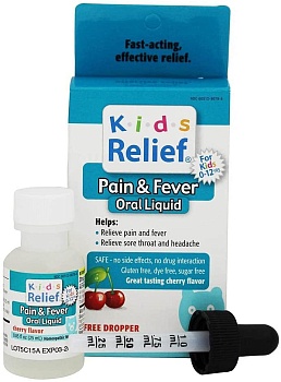 Homeolab USA Kids Relief жидкость для перорального применения от боли и лихорадки, для детей 0–12 лет, со вкусом вишни, 25 мл (0,85 жидк. Унции)