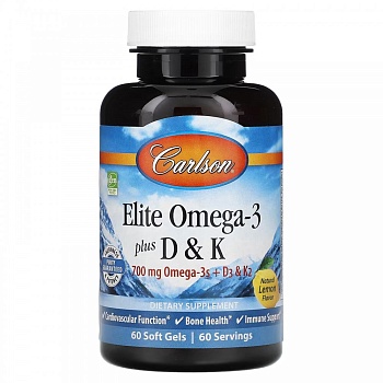 Carlson, Elite Omega3 Омега3 с витаминами D и K, натуральный вкус лимона, 60 мягких таблеток