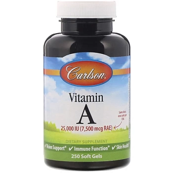 Carlson Labs, витамин А, 7500 мкг RAE (25 000 МЕ), 250 мягких таблеток
