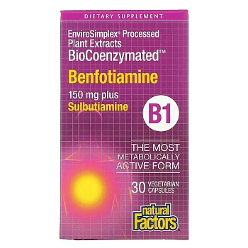 Natural Factors, BioCoenzymated, B1, бенфотиамин плюс сульбутиамин, 150 мг, 30 вегетарианских капсул