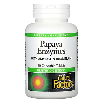 Natural Factors, ферменты папайи с амилазой и бромелаином, 60 жевательных таблеток  пищеварительные ферменты