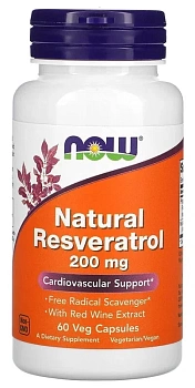 NOW Foods, Натуральный Ресвератрол, 200 мг, 60 растительных капсул 