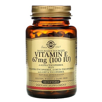 Solgar, Солгар Натуральный витамин Е, 67 мг (100 МЕ), 100 мягких таблеток